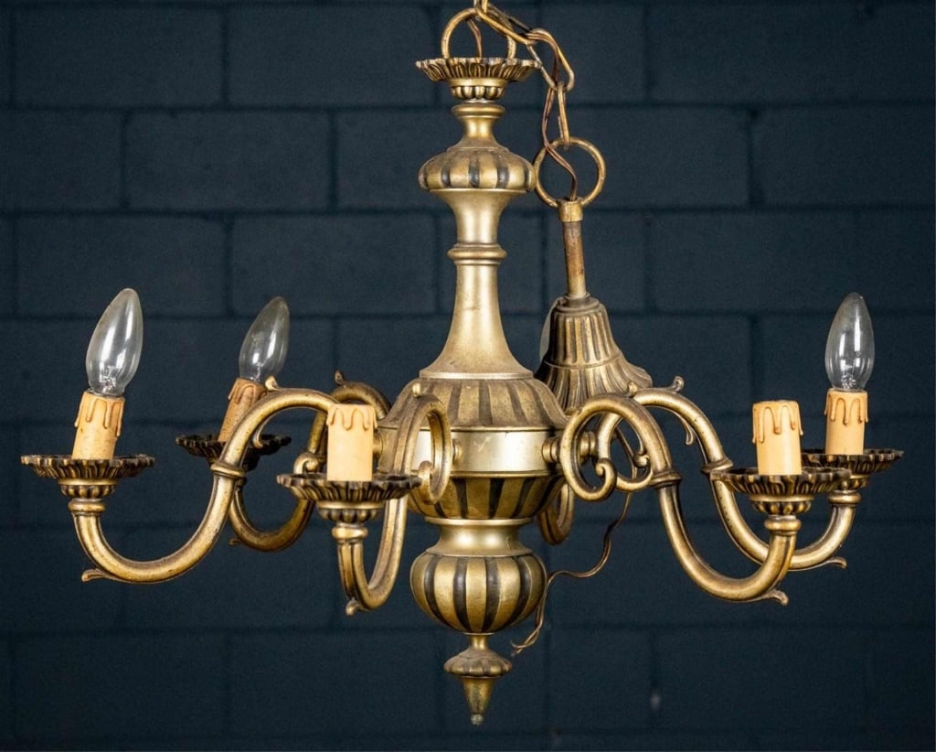 FRENCH 6-LIGHT BRONZE CHANDELIER: French 6-light bronze chandelier with candle-shaped socket covers and carved arms. Approximate dimensions: h. 18", w. 25" Disclaimer: This is an online court ordered bankruptcy sale. Participating bid