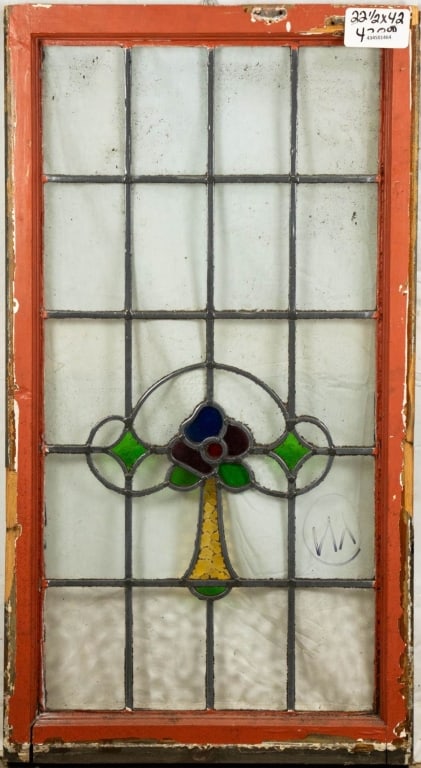FRENCH ART NOUVEAU STAINED GLASS PANEL: French Art Nouveau stained glass panel with a floral medallion. Approximate dimensions: h. 42", w. 22.5" Disclaimer: This is an online court ordered bankruptcy sale. Participating bidders must have a