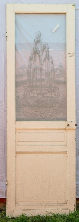 ETCHED GLASS DOOR: Etched glass door depicting a pond and fountain scene. Approximate dimensions: h. 89", w. 29" Disclaimer: This is an online court ordered bankruptcy sale. Participating bidders must have a credit card