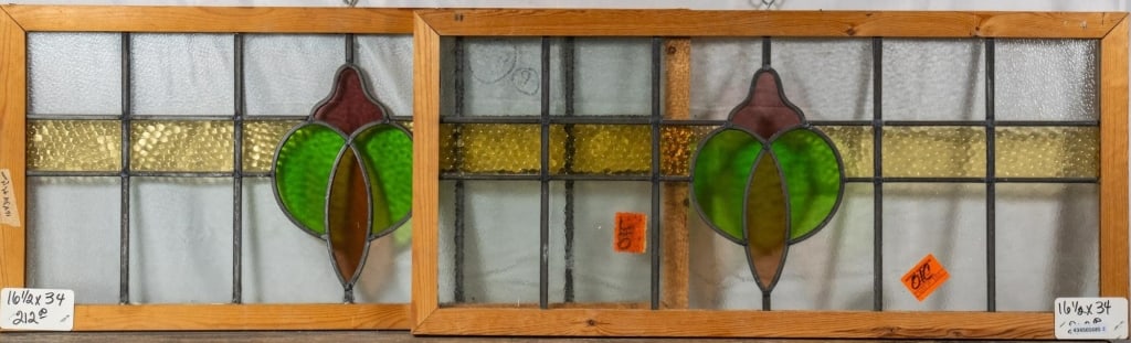 PAIR OF FRENCH ART NOUVEAU STAINED GLASS PANELS: Pair of French Art Nouveau stained glass panels. Approximate dimensions: h. 16.5", w. 34" Disclaimer: This is an online court ordered bankruptcy sale. Participating bidders must have a credit card on