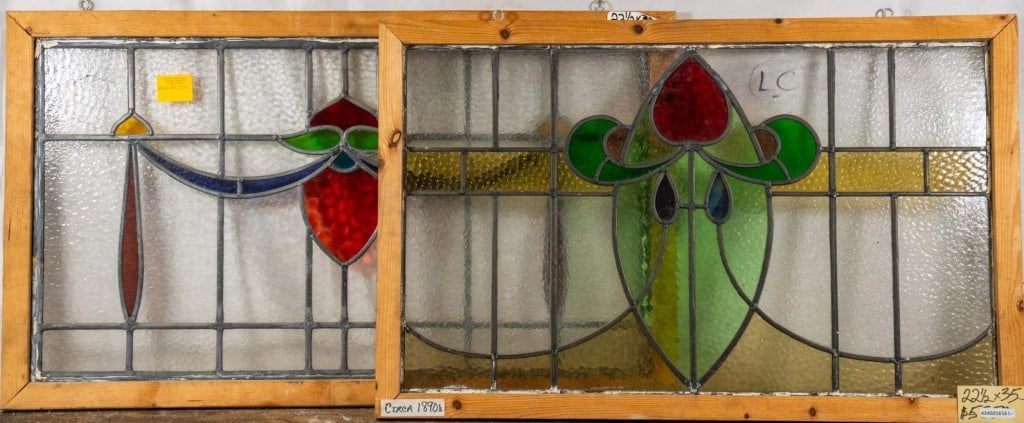 TWO FRENCH ART NOUVEAU STAINED GLASS PANELS: Two French Art Nouveau stained glass panels with multicolored accents. Approximate dimensions: h. 22.5", w. 35" Disclaimer: This is an online court ordered bankruptcy sale. Participating bidders must