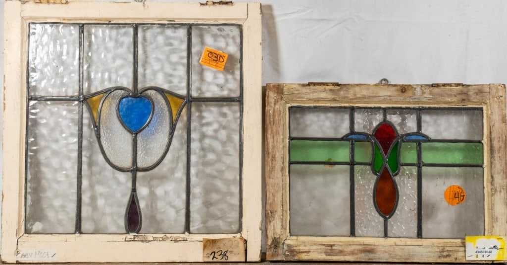 TWO ANTIQUE CONTINENTAL STAINED GLASS PANELS: Two antique Continental stained glass panels. Approximate dimensions: h. 21.5", w. 22" Disclaimer: This is an online court ordered bankruptcy sale. Participating bidders must have a credit card on fil