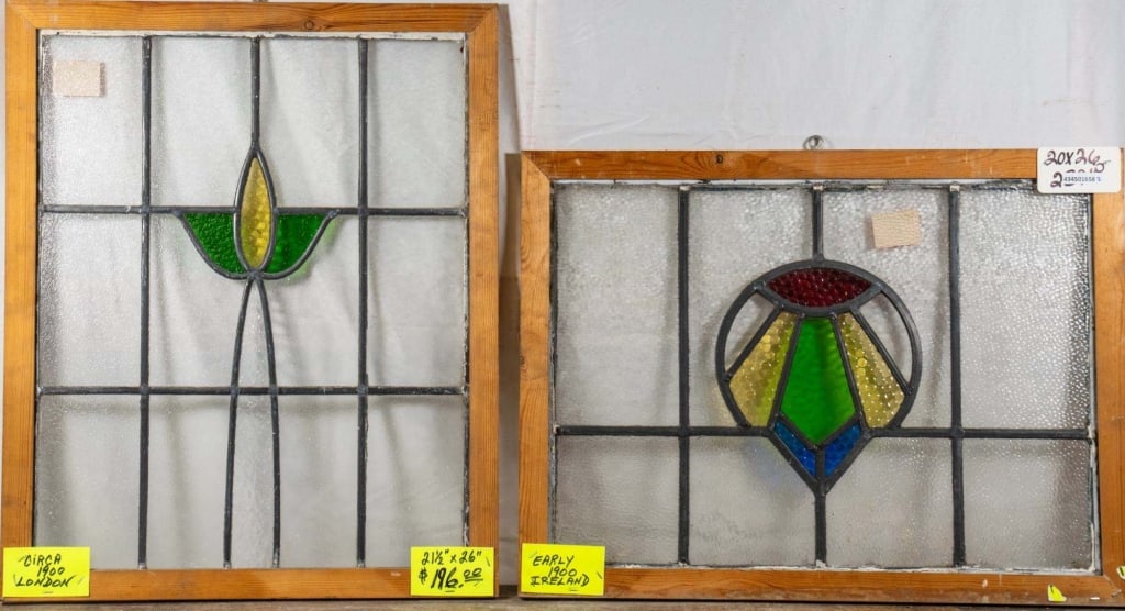 TWO ANTIQUE CONTINENTAL STAINED GLASS PANELS: Two antique Continental stained glass panels with multicolored stained glass accents. Approximate dimensions: h. 26", w. 21.5" Disclaimer: This is an online court ordered bankruptcy sale. Participatin