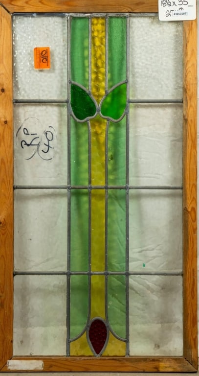 FRENCH ART NOUVEAU STAINED GLASS PANEL: French Art Nouveau stained glass panel with floral motif. Approximate dimensions: h. 25", w. 18.5" Disclaimer: This is an online court ordered bankruptcy sale. Participating bidders must have a credit