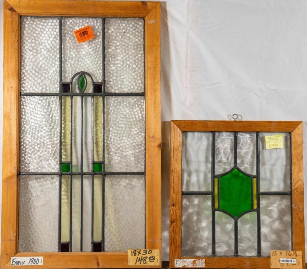 TWO CONTINENTAL STAINED GLASS PANELS: Two Continental stained glass panels. Approximate dimensions: h. 30", w. 18" Disclaimer: This is an online court ordered bankruptcy sale. Participating bidders must have a credit card on file with Liv