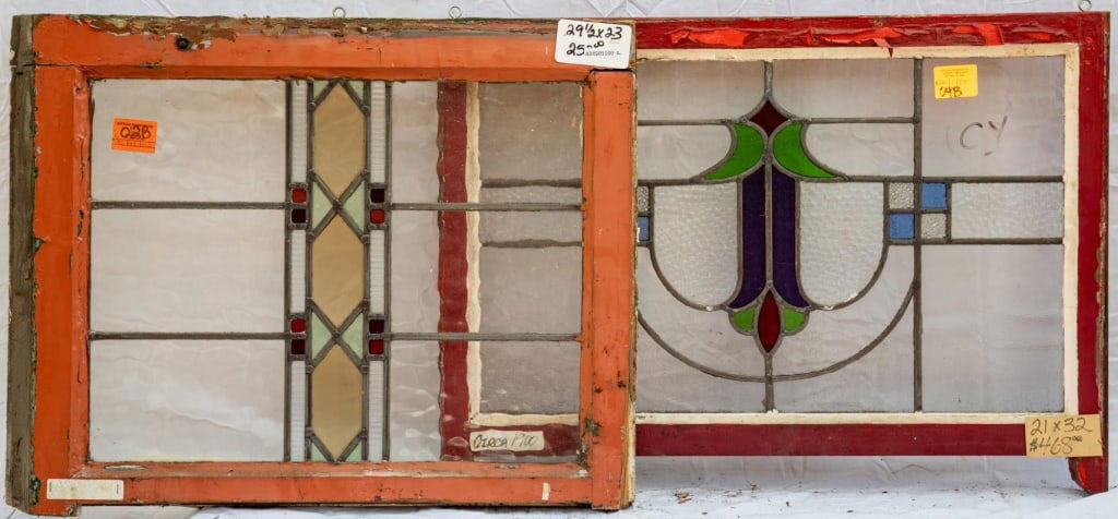 TWO FRENCH ART NOUVEAU STAINED GLASS PANELS: Two French Art Nouveau stained glass panels with abstract multicolored stained glass details. Approximate dimensions: h. 21", w. 32" Disclaimer: This is an online court ordered bankruptcy sale. Partic