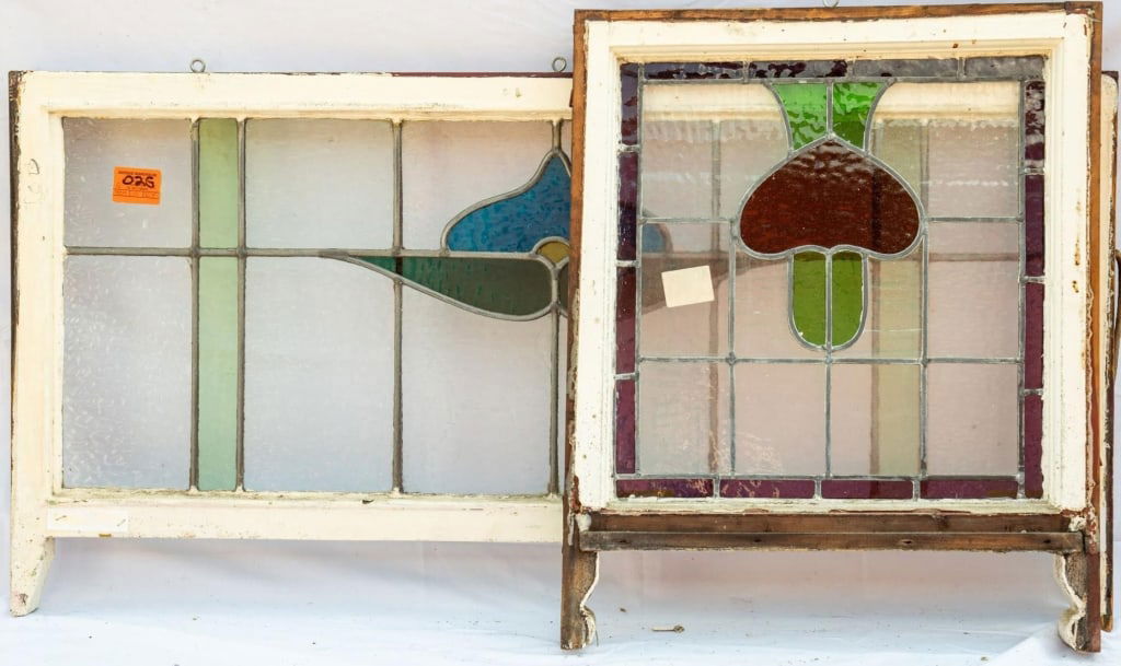 TWO FRENCH ART NOUVEAU STAINED GLASS PANELS: Two French Art Nouveau stained glass panels. Approximate dimensions: h. 20", w. 46.5" Disclaimer: This is an online court ordered bankruptcy sale. Participating bidders must have a credit card on file