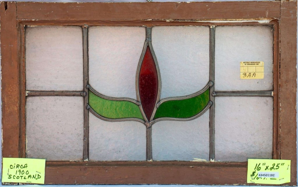 FRENCH ART NOUVEAU STAINED GLASS PANEL: French Art Nouveau stained glass panel with a floral motif. Approximate dimensions: h. 16", w. 25" Disclaimer: This is an online court ordered bankruptcy sale. Participating bidders must have a credit