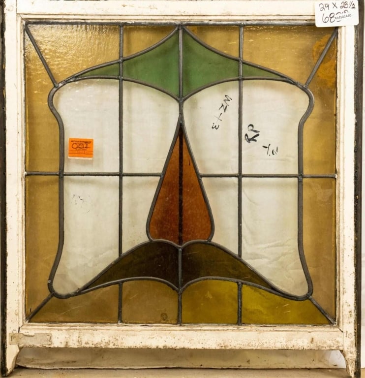 CONTINENTAL STAINED GLASS PANEL: Continental stained glass panel. Approximate dimensions: h. 29", w. 28.5" Disclaimer: This is an online court ordered bankruptcy sale. Participating bidders must have a credit card on file with Live A