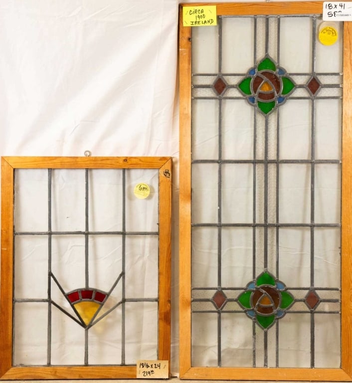 TWO CONTINENTAL STAINED GLASS PANELS: Two Continental stained glass panels. Approximate dimensions: h. 41", w. 18" Disclaimer: This is an online court ordered bankruptcy sale. Participating bidders must have a credit card on file with Liv