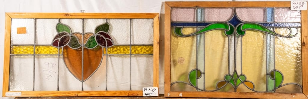 TWO FRENCH ART NOUVEAU STAINED GLASS PANELS: Two French Art Nouveau stained glass panels Approximate dimensions: h. 22", w. 32" Disclaimer: This is an online court ordered bankruptcy sale. Participating bidders must have a credit card on file wi