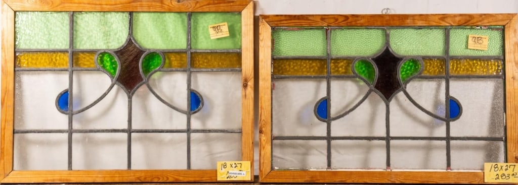 TWO FRENCH ART NOUVEAU STAINED GLASS PANELS: Two French Art Nouveau stained glass panels. Approximate dimensions: h. 18", w. 27" Disclaimer: This is an online court ordered bankruptcy sale. Participating bidders must have a credit card on file w