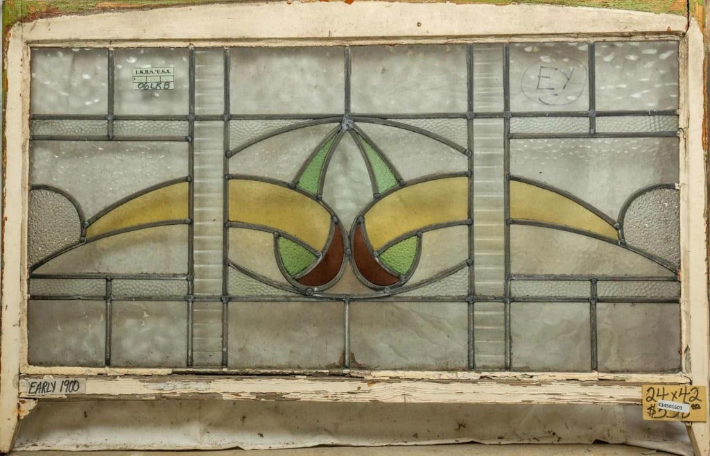 FRENCH ART NOUVEAU STAINED GLASS PANEL: French Art Nouveau stained glass panel. Approximate dimensions: h. 24", w. 42" Disclaimer: This is an online court ordered bankruptcy sale. Participating bidders must have a credit card on file with L