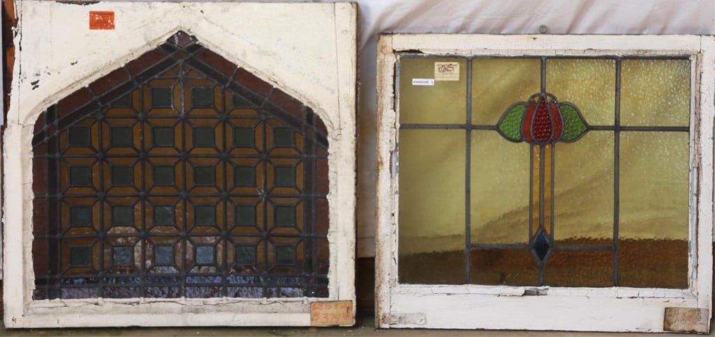 TWO ANTIQUE CONTINENTAL STAINED GLASS PANELS: Two antique Continental stained glass panels. Approximate dimensions: h. 26.5", w. 28.5" Disclaimer: This is an online court ordered bankruptcy sale. Participating bidders must have a credit card on f