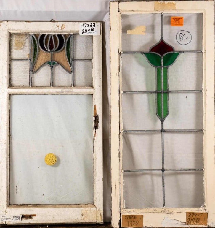 TWO FRENCH ART NOUVEAU STAINED GLASS PANELS: Two French Art Nouveau stained glass panels with floral motif. Approximate dimensions: h. 37", w. 17" Disclaimer: This is an online court ordered bankruptcy sale. Participating bidders must have a cre