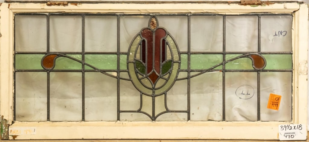 FRENCH ART NOUVEAU STAINED GLASS PANEL: French Art Nouveau stained glass panel with floral motif. Approximate dimensions: h. 18", w. 39.5" Disclaimer: This is an online court ordered bankruptcy sale. Participating bidders must have a credit