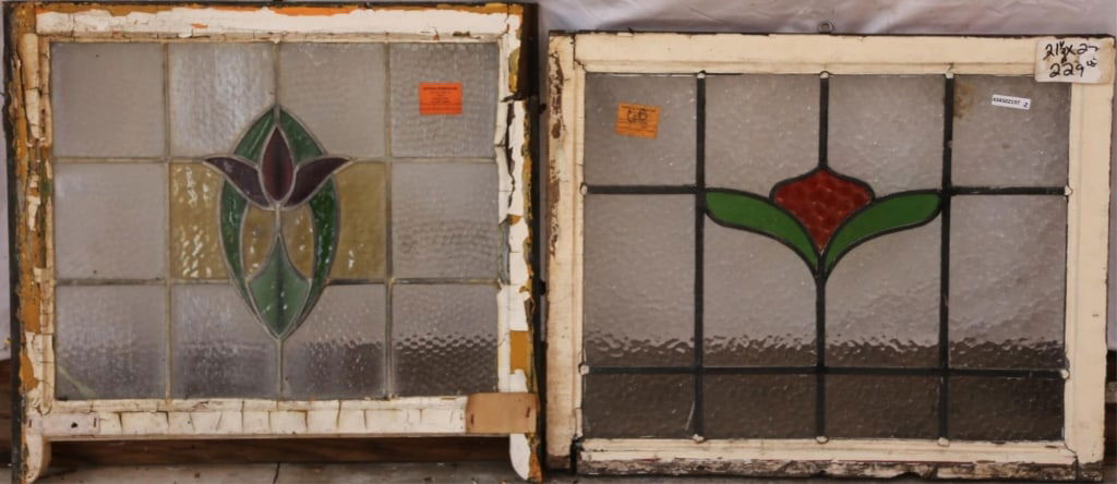 TWO CONTINENTAL FLORAL MOTIF STAINED GLASS PANELS (1 of 4)