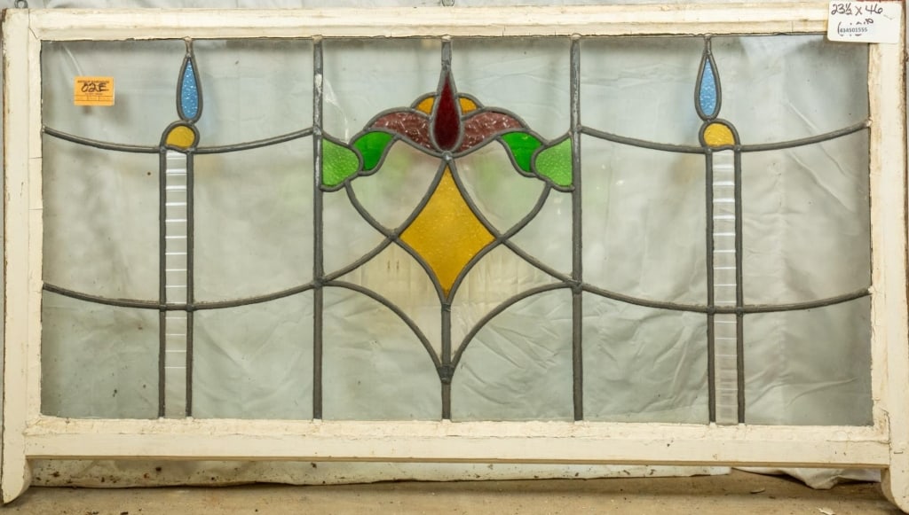 FRENCH ART NOUVEAU STAINED GLASS PANEL: French Art Nouveau stained glass panel. Approximate dimensions: h. 23.5", w. 46" Disclaimer: This is an online court ordered bankruptcy sale. Participating bidders must have a credit card on file with
