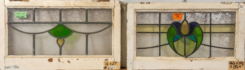 TWO FRENCH ART NOUVEAU STAINED GLASS PANELS: Two French Art Nouveau stained glass panels. Approximate dimensions: h. 16", w. 27" Disclaimer: This is an online court ordered bankruptcy sale. Participating bidders must have a credit card on file w