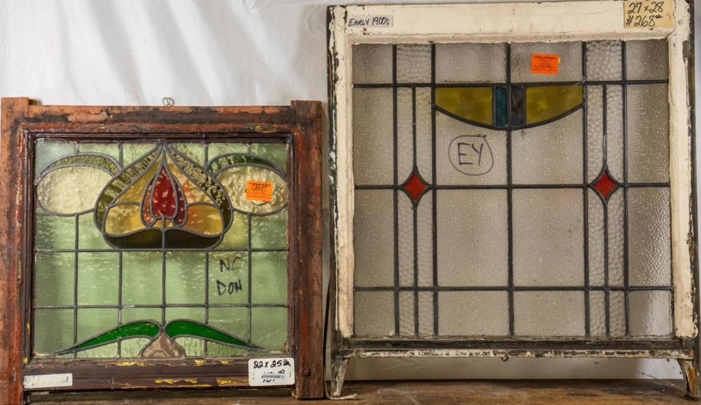 TWO FRENCH ART NOUVEAU STAINED GLASS PANELS: Two French Art Nouveau stained glass panels. Approximate dimensions: h. 27", w. 28" Disclaimer: This is an online court ordered bankruptcy sale. Participating bidders must have a credit card on file w