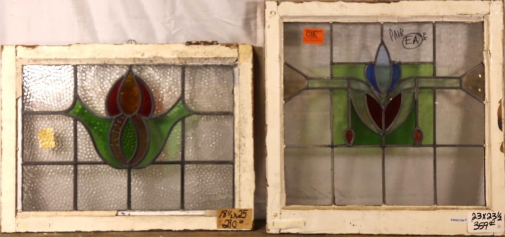 TWO FRENCH ART NOUVEAU STAINED GLASS PANELS: Two French Art Nouveau stained glass panels with floral motifs. Approximate dimensions: h. 23", w. 23.5" Disclaimer: This is an online court ordered bankruptcy sale. Participating bidders must have a