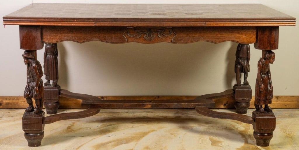 FRENCH OAK FIGURAL DRAW LEAF DINING TABLE (1 of 4)