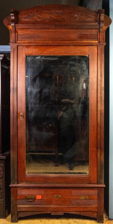 FRENCH ART NOUVEAU MIRRORED ARMOIRE: French Art Nouveau mirrored armoire with beveled mirror and carved elements. Approximate dimensions: h. 92", w. 41", d. 20" Disclaimer: This is an online court ordered bankruptcy sale. Participating b