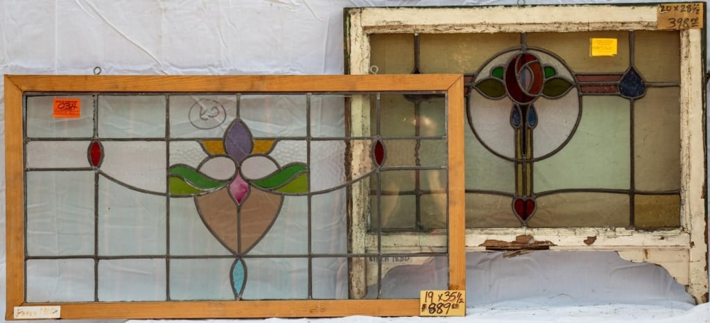 TWO FRENCH ART NOUVEAU STAINED GLASS PANELS: Two French Art Nouveau stained glass panels with floral motif. Approximate dimensions: h. 20", w. 28.5" Disclaimer: This is an online court ordered bankruptcy sale. Participating bidders must have a c