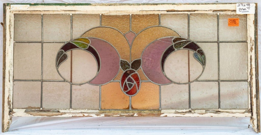 FRENCH ART NOUVEAU STAINED GLASS PANEL: French Art Nouveau stained glass panel with floral and abstract circular medallions. Approximate dimensions: h. 21.5", w. 48" Disclaimer: This is an online court ordered bankruptcy sale. Participating
