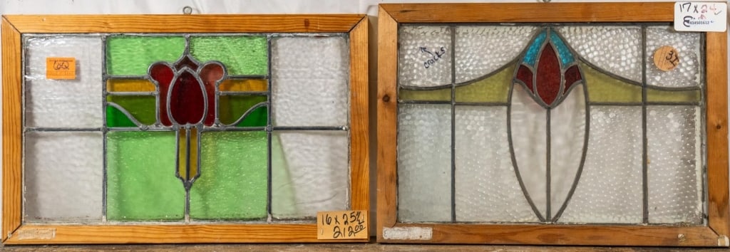 TWO FRENCH ART NOUVEAU STAINED GLASS PANELS: Two French Art Nouveau stained glass panels with multicolored accents. Approximate dimensions: h. 17", w. 24" Disclaimer: This is an online court ordered bankruptcy sale. Participating bidders must ha