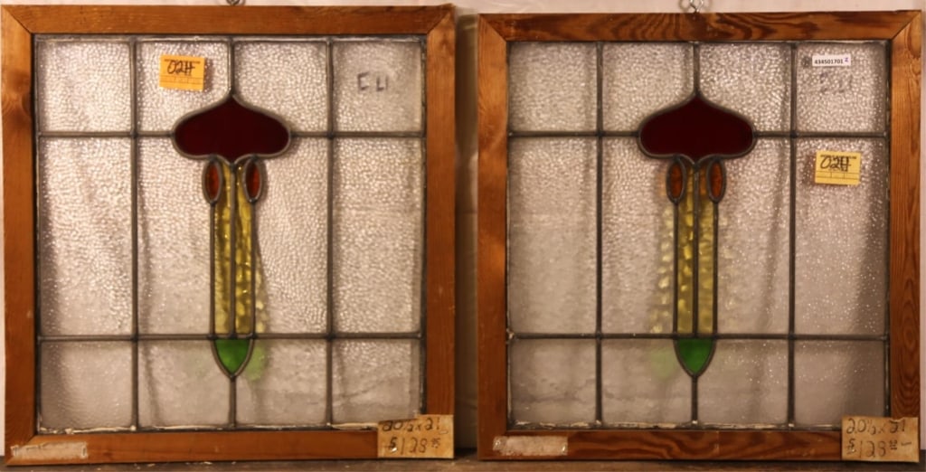 PAIR OF CONTINENTAL ART NOUVEAU STAINED GLASS PANE: Pair of antique Continental Art Nouveau stained glass panels. Approximate dimensions: h. 20.5", w. 21" Disclaimer: This is an online court ordered bankruptcy sale. Participating bidders must have a cr