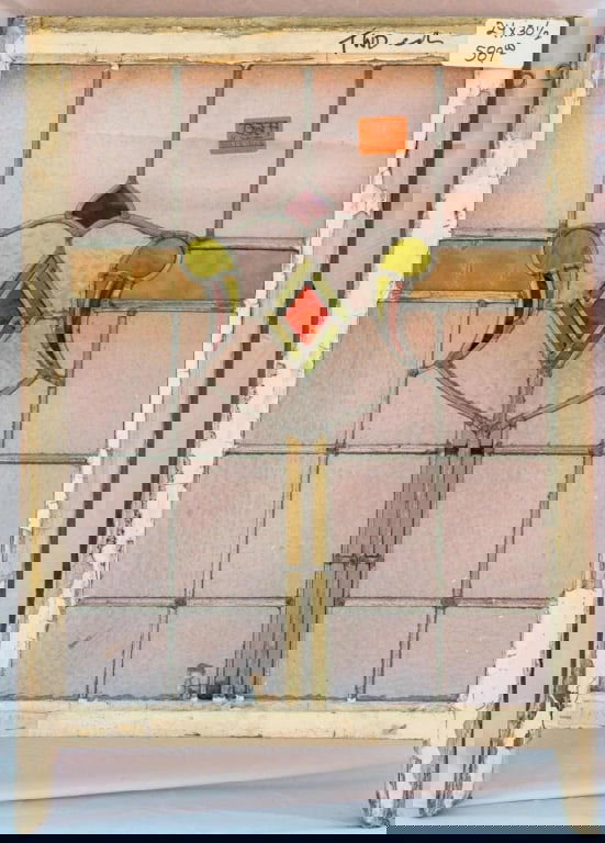 FRENCH ART DECO STAINED GLASS PANEL: French Art Deco stained glass panel with colorless leaded glass panels and geometric stained glass accents. Approximate dimensions: h. 30", w. 24" Disclaimer: This is an online court ordered bankruptc