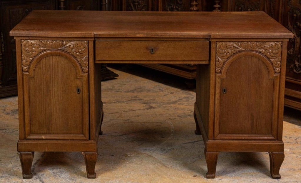 FRENCH ART NOUVEAU OAK DOUBLE PEDESTAL DESK (1 of 4)