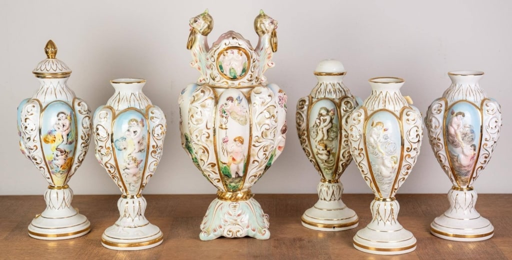 SIX ITALIAN CAPODIMONTE PORCELAIN VASES: Six Italian Capodimonte porcelain vases. Disclaimer: This is an online court ordered bankruptcy sale. Participating bidders must have a credit card on file with Live Auctioneers. Credit cards will be