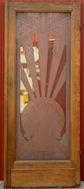 FRENCH ART NOUVEAU HARD PINE ETCHED GLASS DOOR: French Art Nouveau hard pine etched glass door with a floral motif. Approximate dimensions: h. 75", w. 31.5" Disclaimer: This is an online court ordered bankruptcy sale. Participating bidders must hav