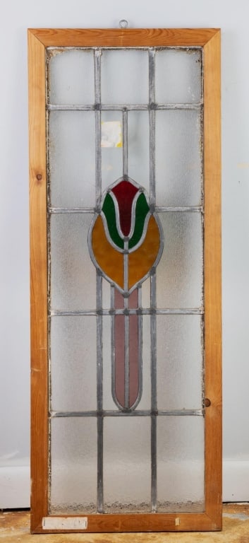 19TH C. ENGLISH STAINED LEADED GLASS PANEL: English, 19th century. Stained leaded glass panel with floral motif. Approximate dimensions: h. 39.5", w. 14.75", d. 1" Disclaimer: This is an online court ordered bankruptcy sale. Participating bidde