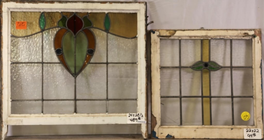 TWO FRENCH ART NOUVEAU STAINED GLASS PANELS: Two French Art Nouveau stained glass panels with floral and botanical motif. Approximate dimensions: h. 24", w. 28.5" Disclaimer: This is an online court ordered bankruptcy sale. Participating bidders
