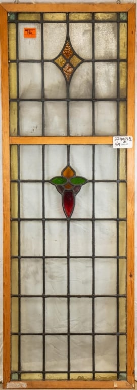 CONTINENTAL STAINED GLASS PANEL: Continental stained glass panel with floral and geometric motifs. Approximate dimensions: h. 64.5", w. 22.5" Disclaimer: This is an online court ordered bankruptcy sale. Participating bidders must hav