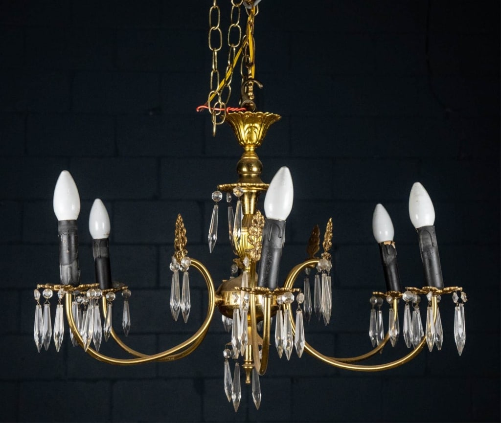 FRENCH 6-LIGHT BRASS & CRYSTAL CHANDELIER (1 of 5)