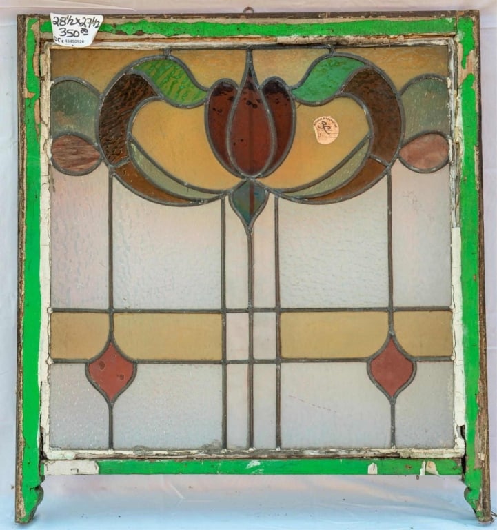 FRENCH ART NOUVEAU STAINED GLASS PANEL: French Art Nouveau stained glass panel. Approximate dimensions: h. 28.5", w. 27.5" Disclaimer: This is an online court ordered bankruptcy sale. Participating bidders must have a credit card on file wi
