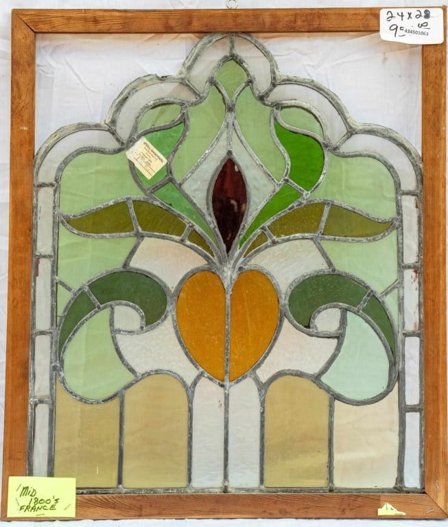 FRENCH ART NOUVEAU STAINED GLASS PANEL: French Art Nouveau stained glass panel with floral and botanical motif. Approximate dimensions: h. 24", w. 28" Disclaimer: This is an online court ordered bankruptcy sale. Participating bidders must h