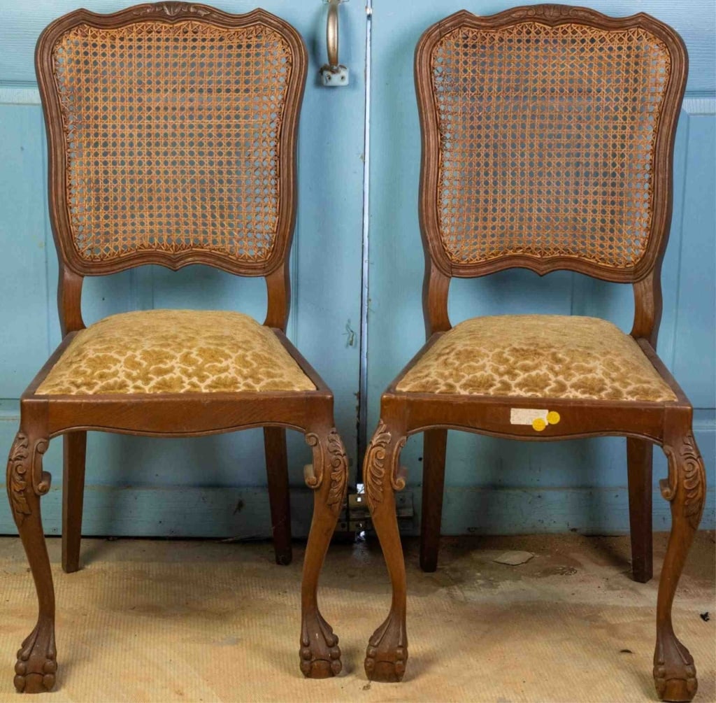 PAIR OF FRENCH CHIPPENDALE STYLE SIDE CHAIRS: Pair of French Chippendale style side chairs with ball-and-claw feet, cane backs, and carved knees. Approximate dimensions: h. 38", w. 18", d. 18" Disclaimer: This is an online court ordered bankruptc