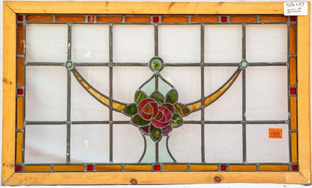 FRENCH ART NOUVEAU JEWELED STAINED GLASS PANEL: French Art Nouveau jeweled stained glass panel with a floral medallion and green jeweled detail. Approximate dimensions: h. 27", w. 45.5" Disclaimer: This is an online court ordered bankruptcy sale. P