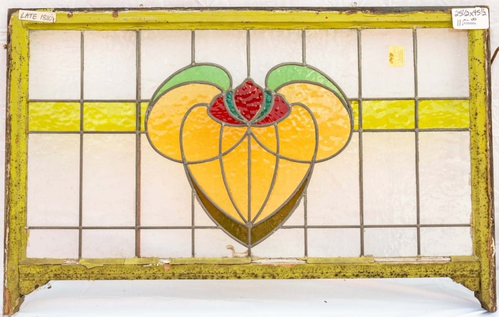 FRENCH ART NOUVEAU STAINED GLASS PANEL: French Art Nouveau stained glass panel with a floral motif. Approximate dimensions: h. 25.5", w. 45.5" Disclaimer: This is an online court ordered bankruptcy sale. Participating bidders must have a cr