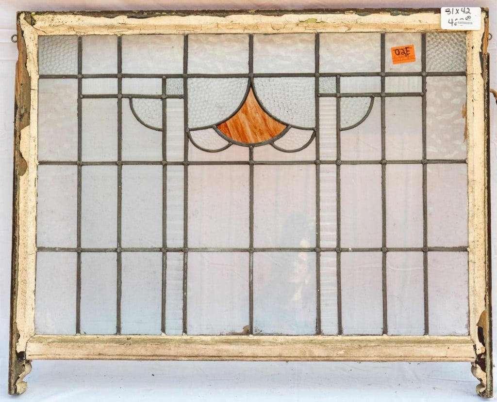 FRENCH ART NOUVEAU STAINED GLASS PANEL: French Art Nouveau stained glass panel. Approximate dimensions: h. 31", w. 42" Disclaimer: This is an online court ordered bankruptcy sale. Participating bidders must have a credit card on file with L