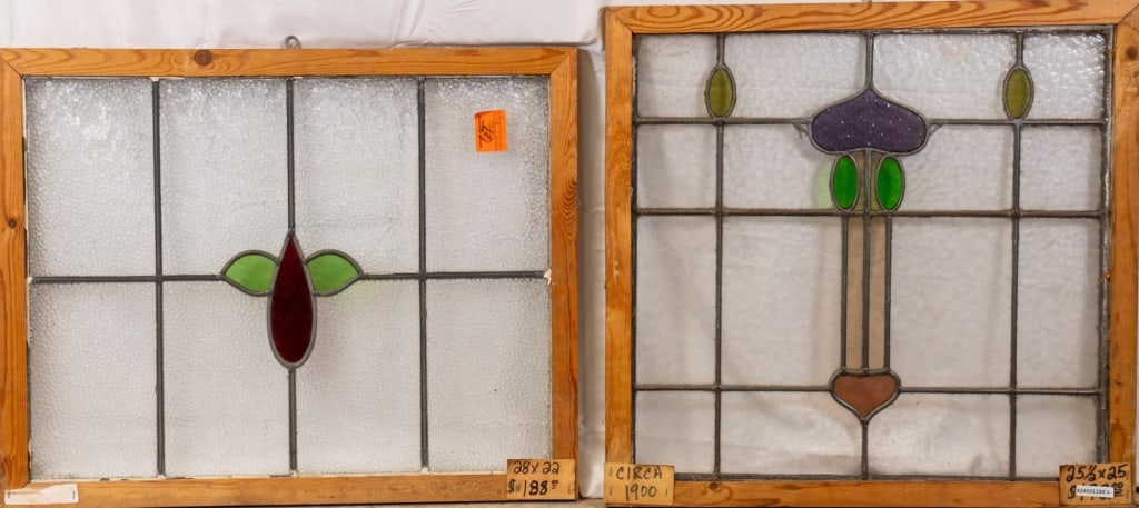 TWO CONTINENTAL STAINED GLASS PANELS: Two Continental stained glass panels. Approximate dimensions: h. 22", w. 28" Disclaimer: This is an online court ordered bankruptcy sale. Participating bidders must have a credit card on file with Liv