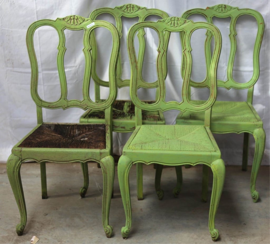 SET OF 4 SHABBY CHIC SIDE CHAIRS: Set of four Shabby Chic side chairs, painted and decorated, with a carved apron, crest, back, and cabriole legs. Approximate dimensions: h. 38.5", w. 19.5", d. 18.5" Disclaimer: This is an online cour