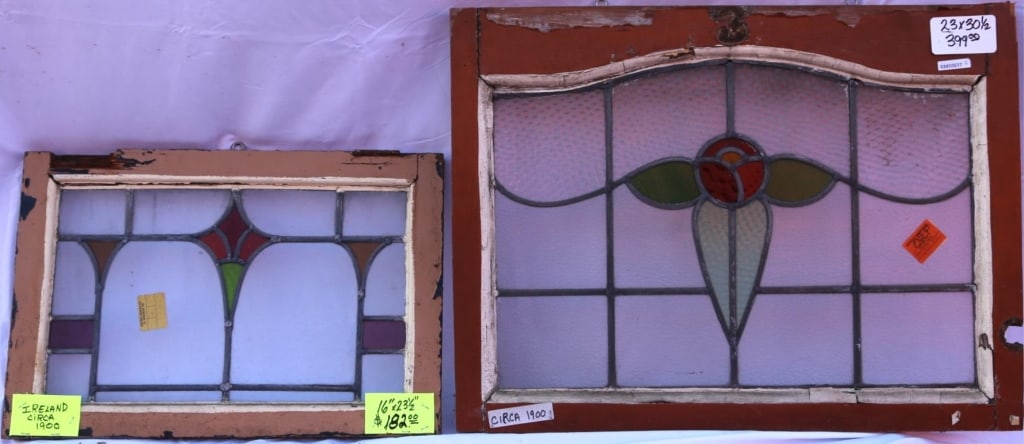 TWO ANTIQUE STAINED GLASS WINDOWS: Two antique stained glass windows. Approximate dimensions: h. 23", w. 30.5" Disclaimer: This is an online court ordered bankruptcy sale. Participating bidders must have a credit card on file with Live
