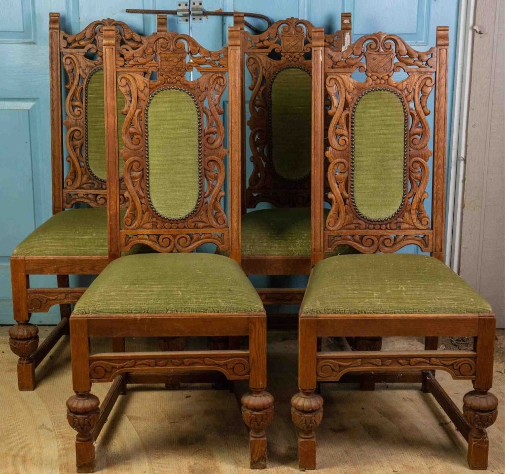 SET OF 4 FRENCH RENAISSANCE REVIVAL CARVED OAK CHA: Set of 4 French Renaissance Revival carved oak chairs with stretcher base and elaborately carved backs. Approximate dimensions: h. 44", w. 22", d. 21.5" Disclaimer: This is an online court ordered ban