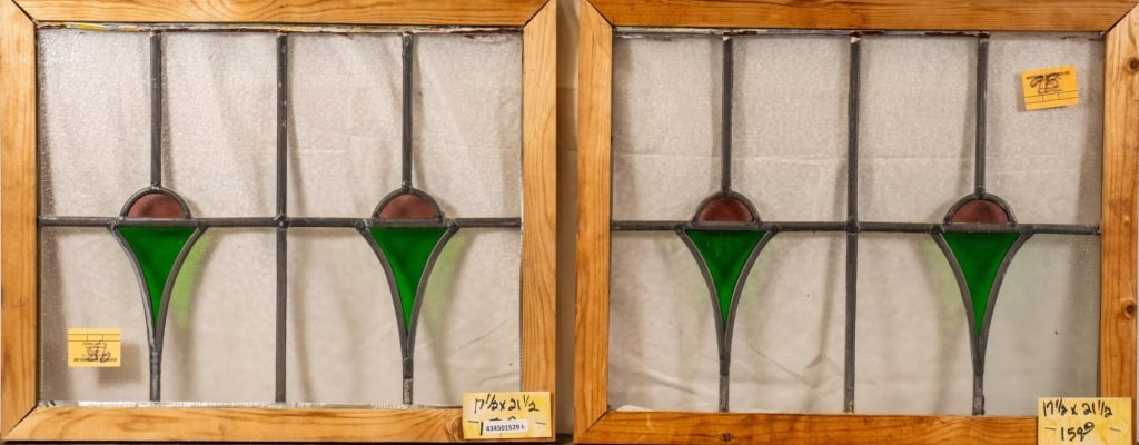 PAIR OF FRENCH ART NOUVEAU STAINED GLASS DOUBLE PA: Pair of French Art Nouveau stained glass double panels with purple and green floral medallions. Approximate dimensions: h. 17.5", w. 21.5" Disclaimer: This is an online court ordered bankruptcy sale.